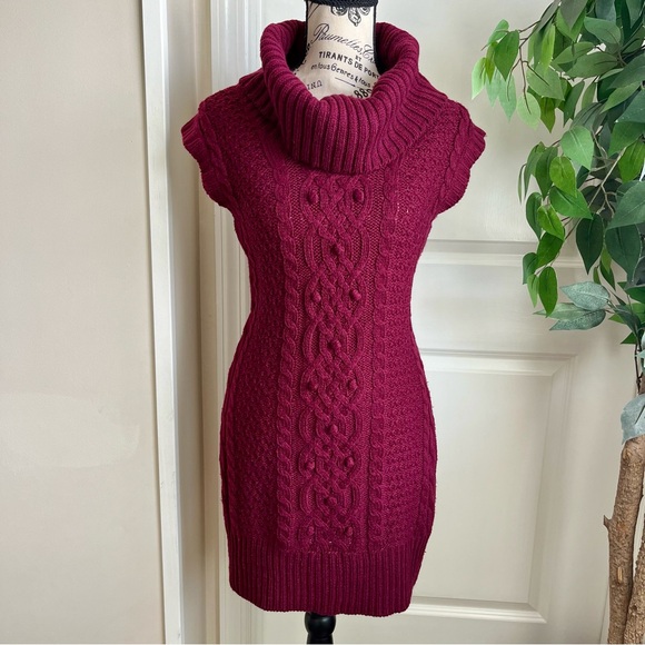 J.J. Basics Dresses & Skirts - J.J. Basics Cable Knit Cowl Neck Cap Sleeve Sweater Dress Burgundy Sz L